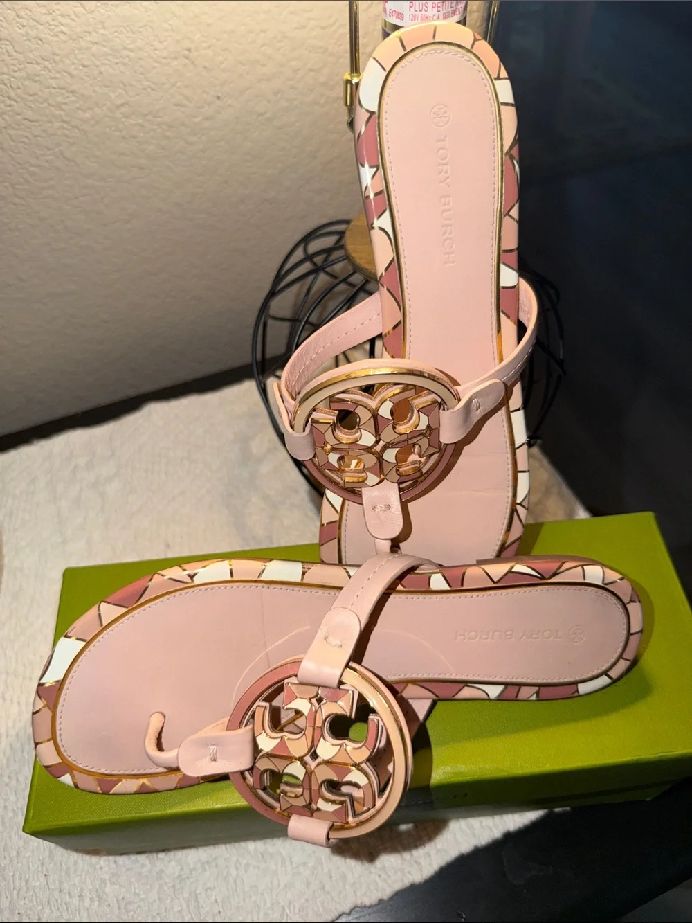 Tory Burch Blush Pink Miller Logo Thong Sandals with Patterned Trim